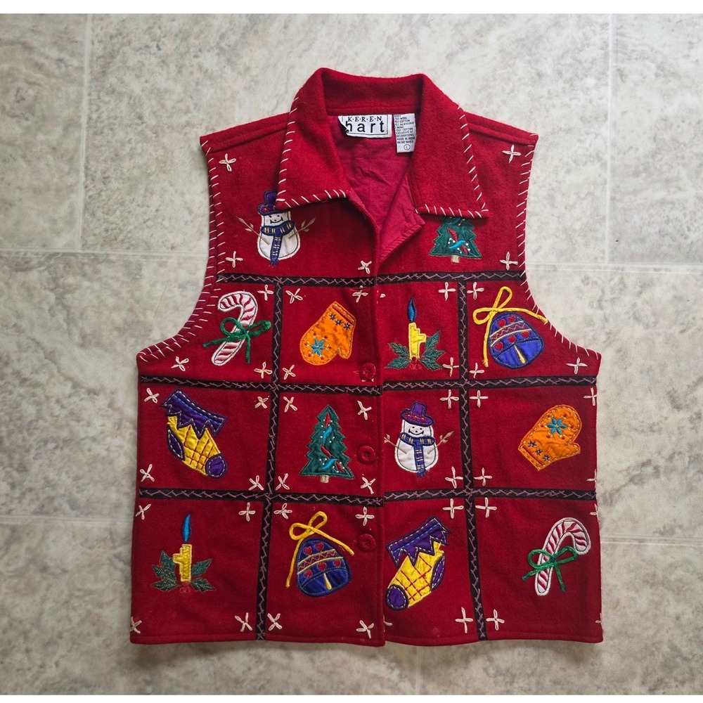 Keren Hart Vintage Red Wool Blend Christmas Vest Embroidered Snowman Tree Large
